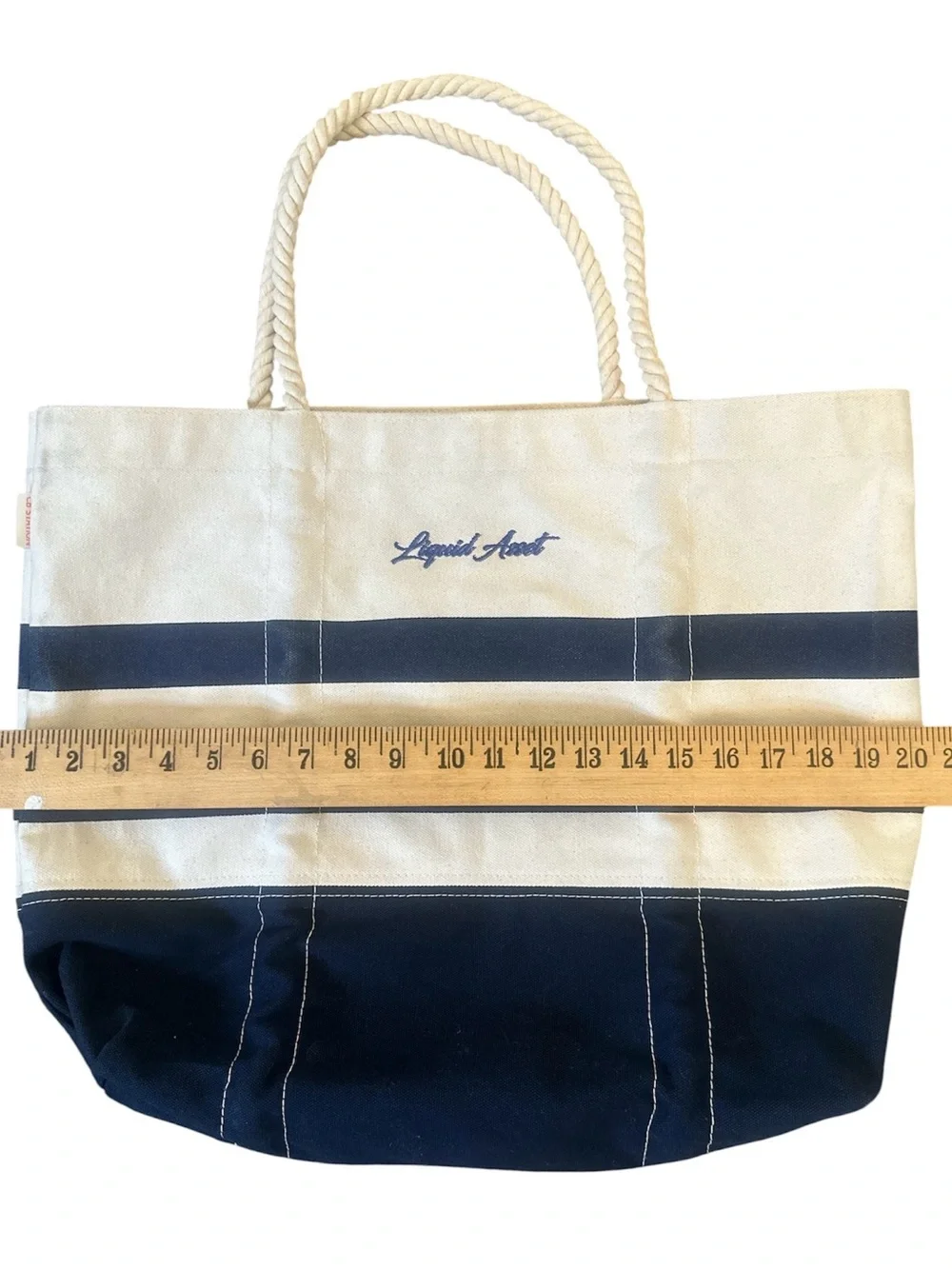 Liquid Asset Boat Tote White Navy Blue Stripe Thick Canvas Rope Handles Nautical